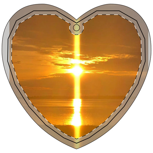 Heart-Shaped Crystal Glass Ornament - Sunset Cross Design
